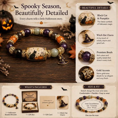 🎃 Limited Edition Halloween Black Cat & Pumpkin Beaded Bracelet Set | Spooky Cute Gift Jewelry