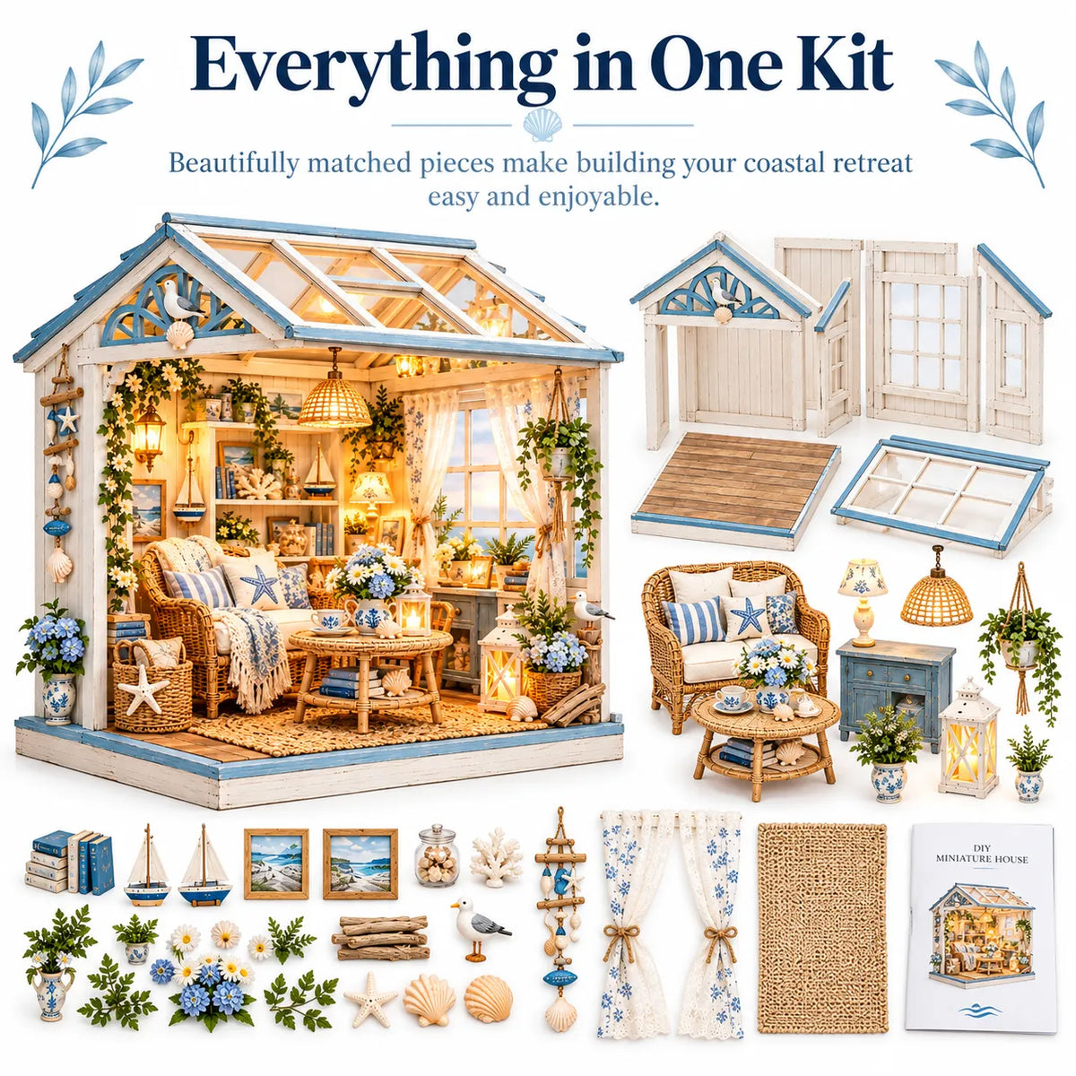 🌊 DIY Coastal Sunroom Miniature Kit | Warm LED Glow | Cozy Coastal Grandma Home Decor 🐚