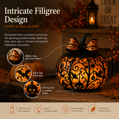 Glowing Filigree Pumpkin Lantern – Cozy Halloween Tabletop Decor
