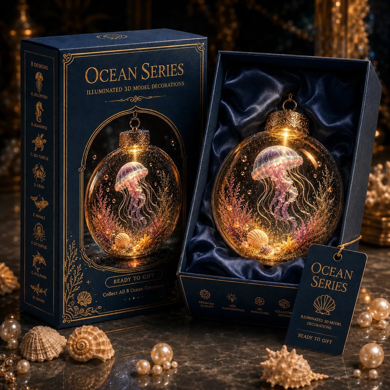 🌊 Ocean Series Illuminated 3D Model Decoration Collection | Clear Display Ornament with Detailed Sea Creatures, Coral, Shell & Pearl-Style Accents ✨