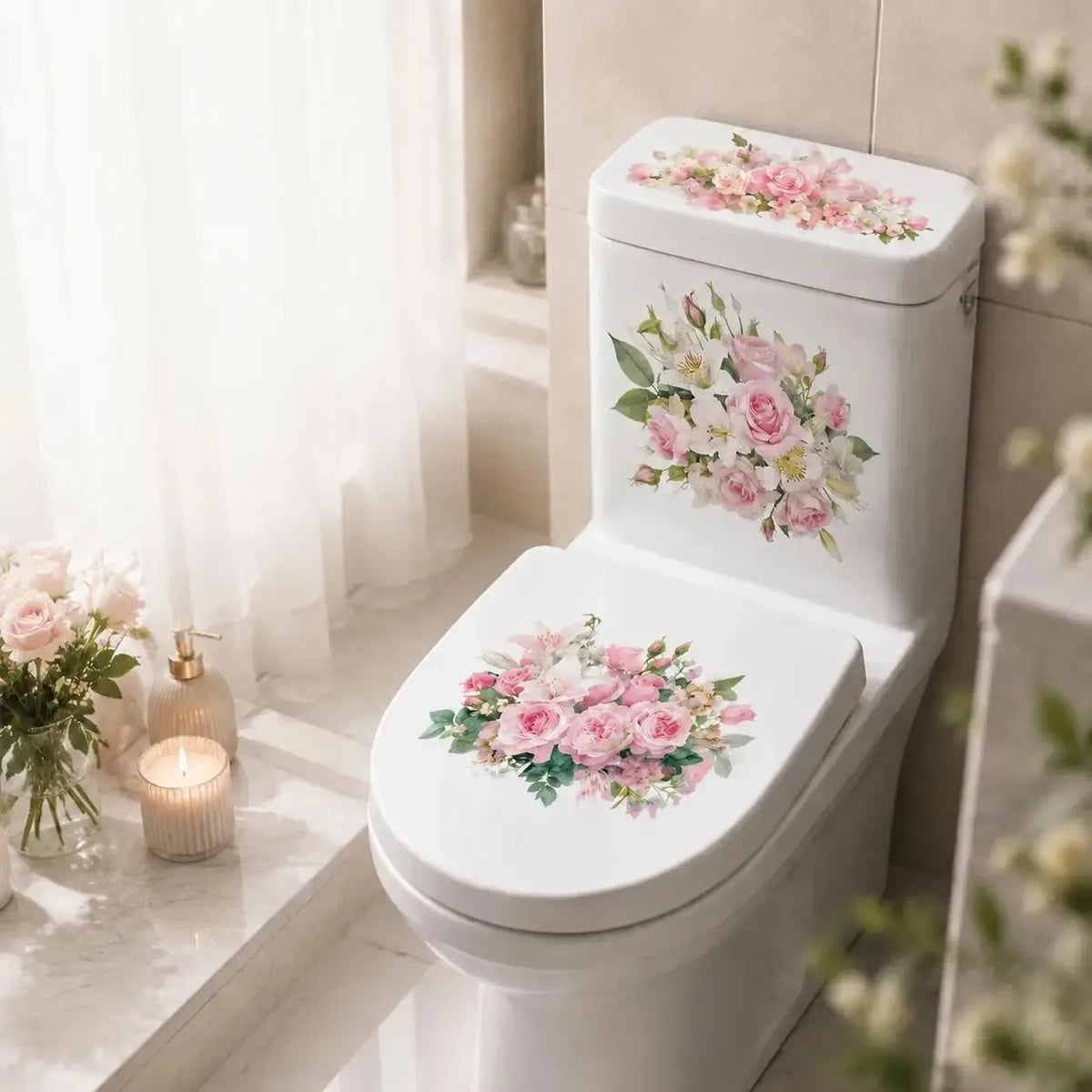 🌸3 Piece Golden Floral Toilet Stickers – Pearl-Inspired Bathroom Decals
