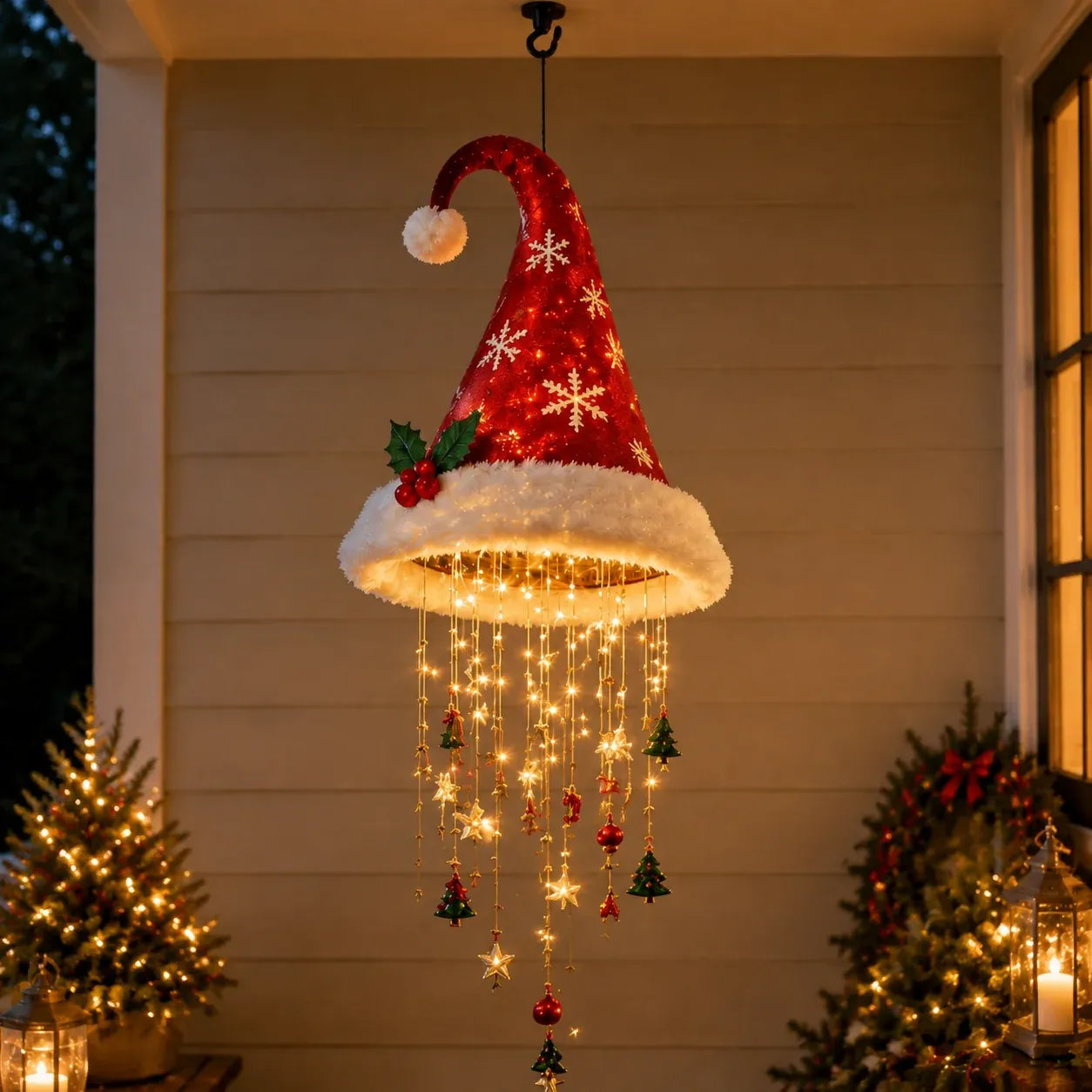 🎅 LAST DAY 49% OFF – Light-Up Christmas Hat Chandelier | Hanging Santa Hat Decoration with Warm LED Lights, Festive Ornaments & 3 Holiday Styles ✨
