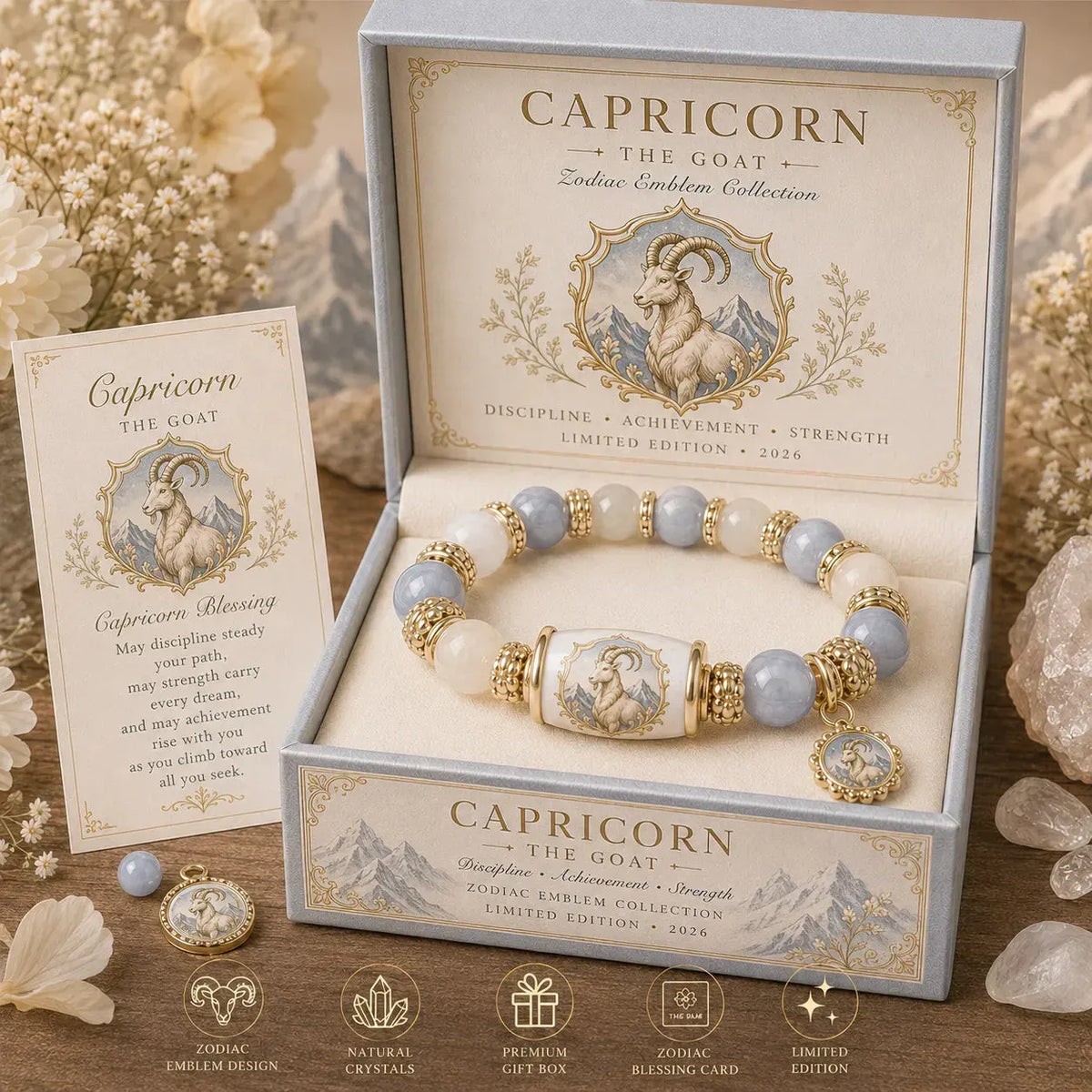 ⏳ Last Day 49% OFF – ♈ 12 Zodiac Natural Chalcedony Bracelet Collection | 10–12mm Gemstone Beads, Symbolic Zodiac Charm, Stretch Fit & Collector’s Gift Box Included ✨