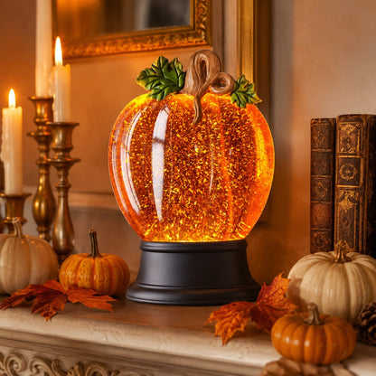 Orange Fall Pumpkin Lighted Glitter Swirl Water Globe