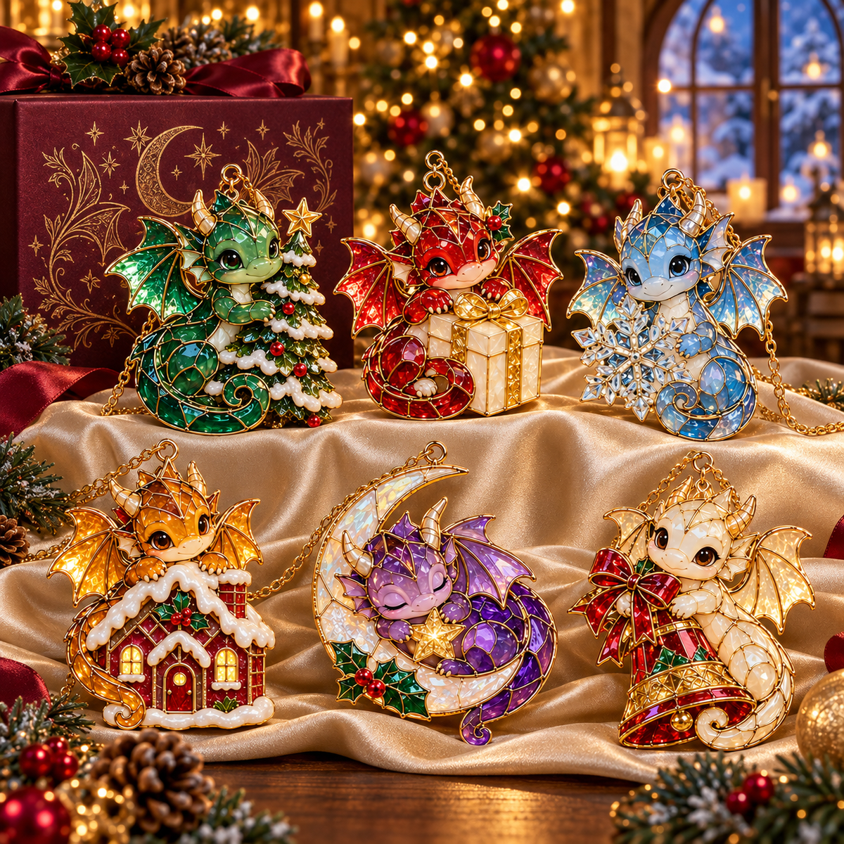 Enchanted Christmas Dragons – 6-Piece Vintage Stained Glass-Style Ornament Set