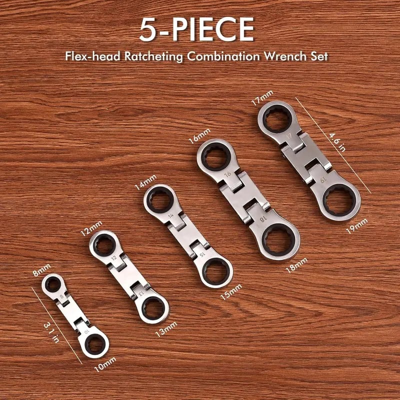 🛠️ 5-Piece Stubby Flex Head Ratchet Wrench Set | 72-Tooth Metric Mechanic Tools