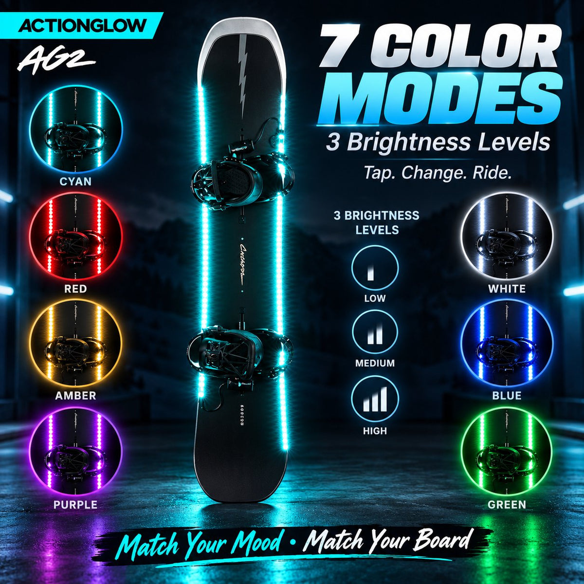 Waterproof LED Snowboard Lights – 7-Color Underglow Kit with 3 Brightness Levels & Easy 5-Minute Install
