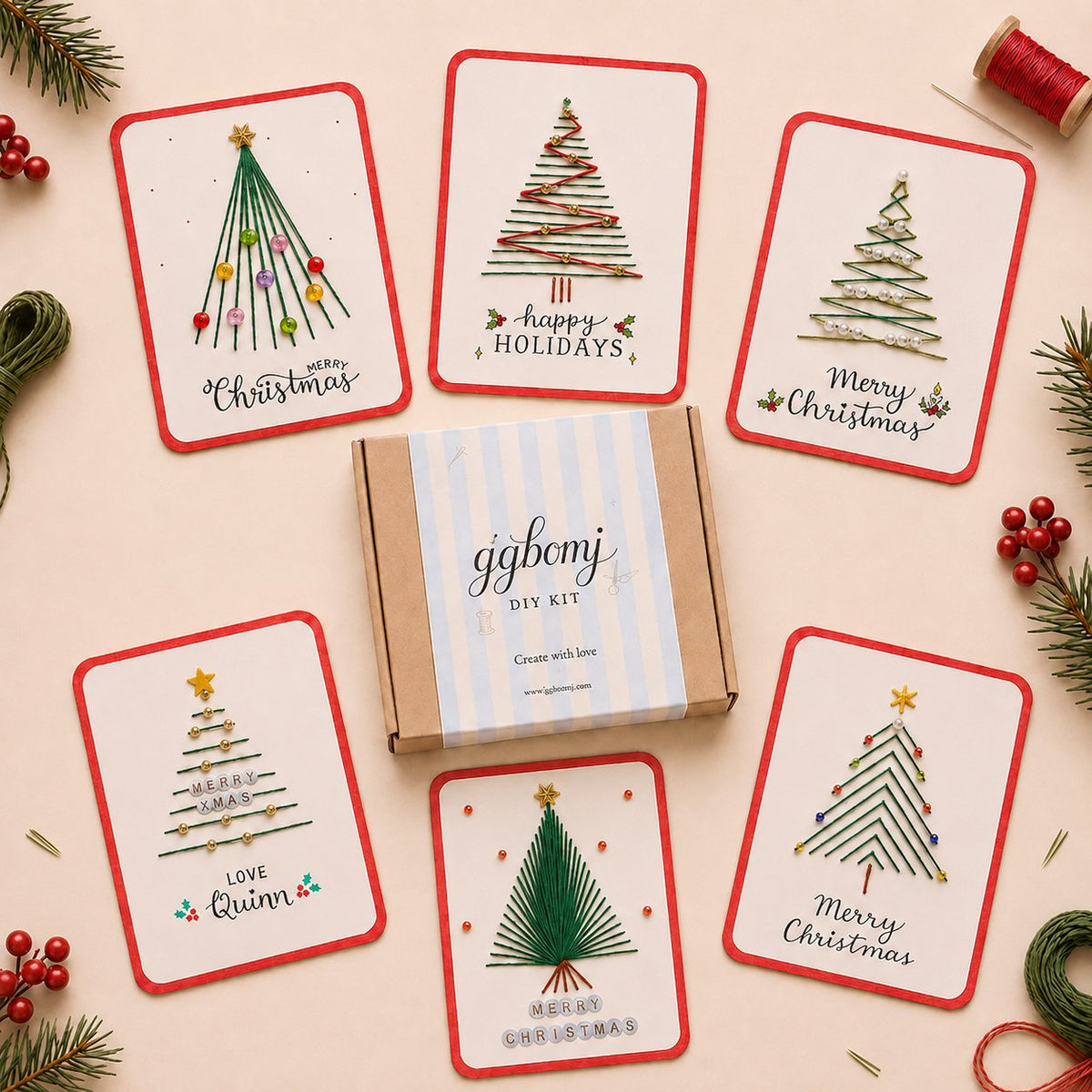 Christmas String Art Greeting Card DIY Kit – 6-Piece Stitching Set