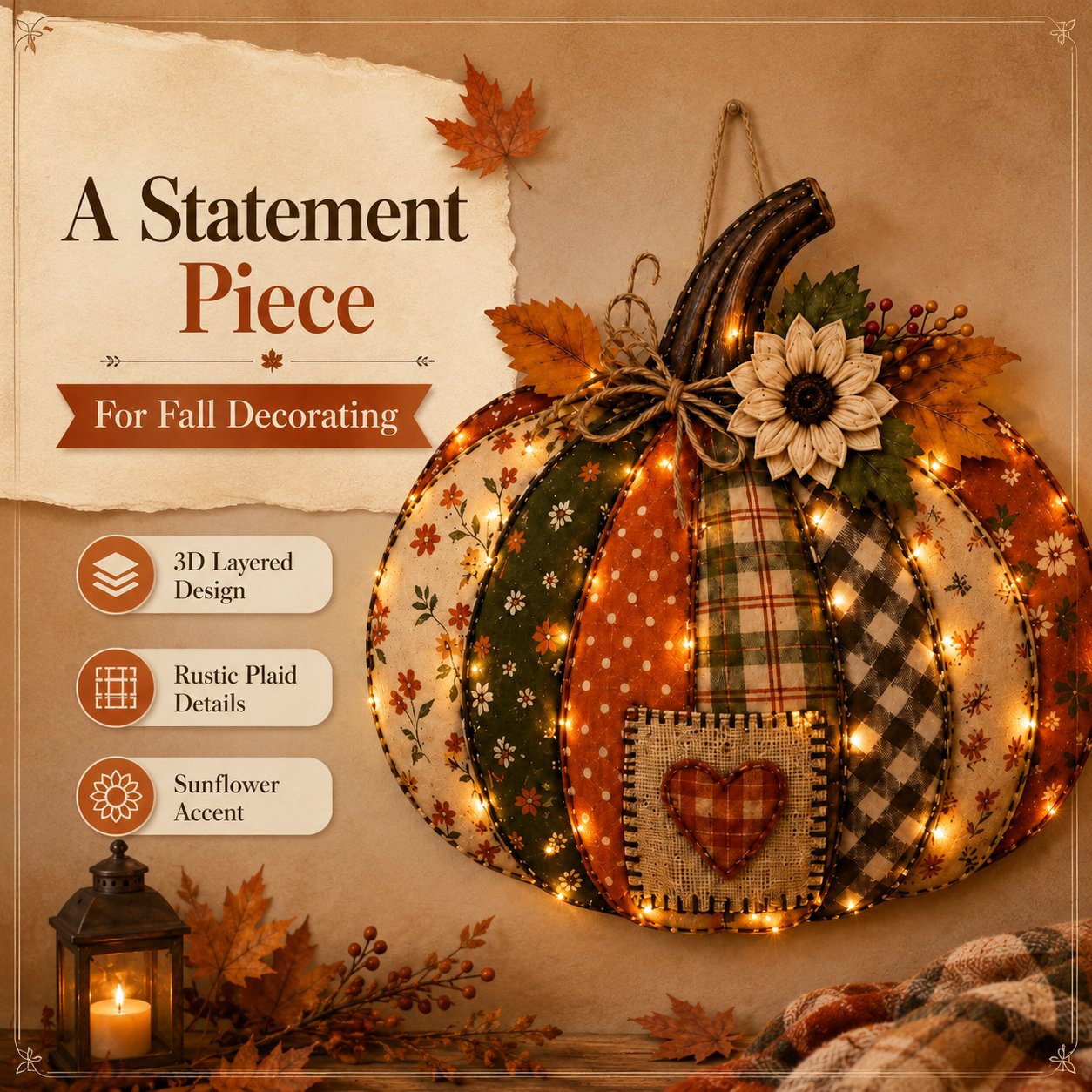 🎃 3D Light Up Pumpkin Hanging Decoration – Rustic Farmhouse Fall Door & Wall Decor