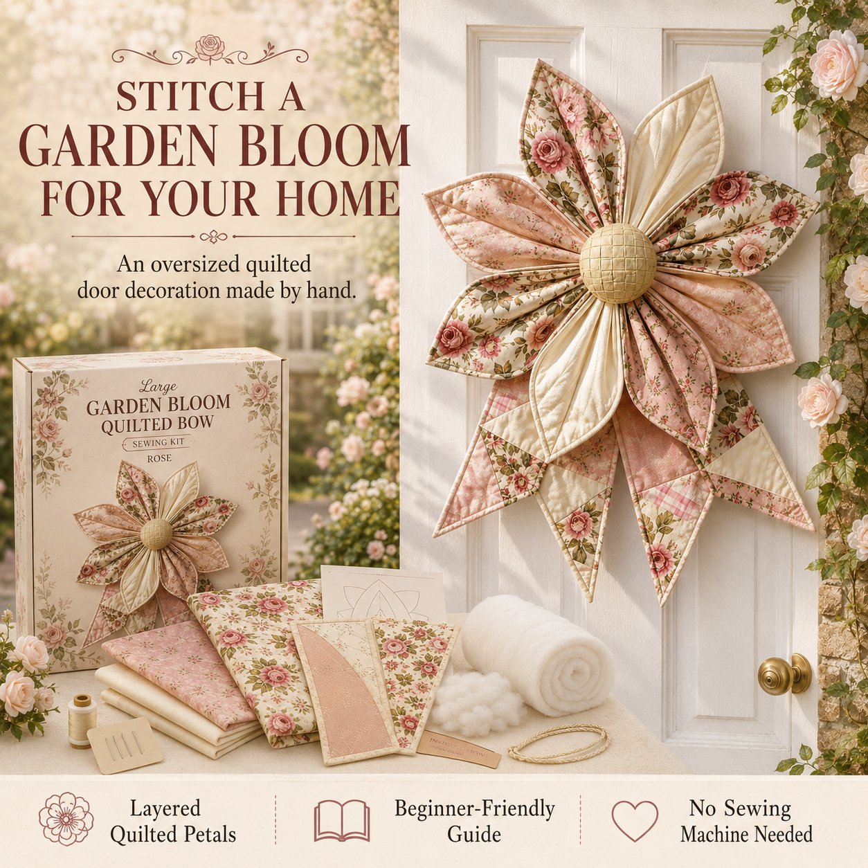 🌸 Beginner-Friendly Oversized Garden Blossom Quilted Bow Sewing Kit | Complete Kit with All Tools & Step-by-Step Guide Included 💕