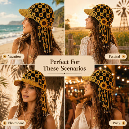 Handmade Crochet Sunflower Tassel Bell Hat | Adjustable Boho Festival Headpiece，Lightweight For Vacation & Photoshoots