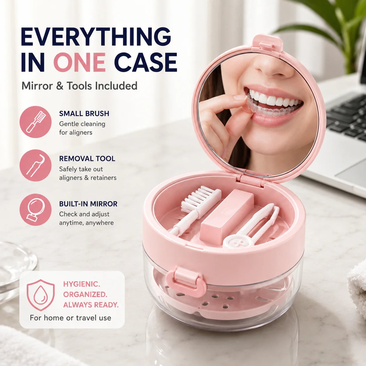 🦷 All-in-One Retainer Cleaning Case with Mirror Brush & Soaking Tray