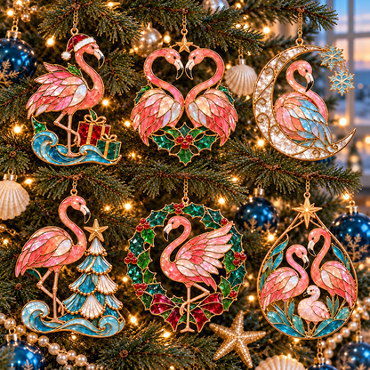 Coastal Christmas Flamingo Ornaments – Vintage Stained-Glass Style, 6-Piece Set
