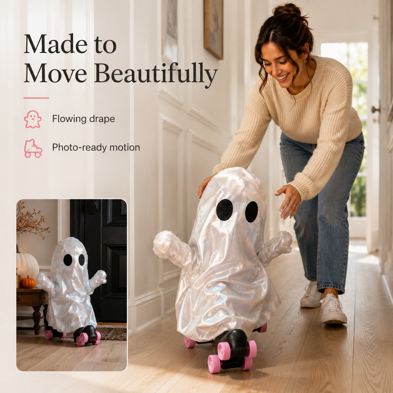 Retro Roller Skate Pearl Ghost Statue, Sweet & Edgy Decor for Seasonal Display