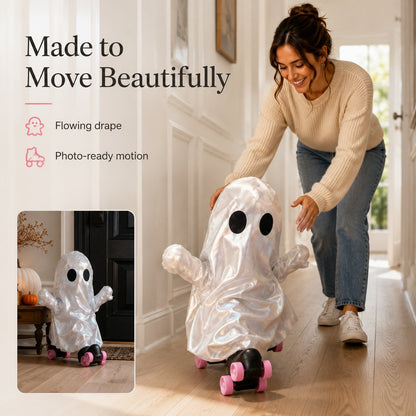 Retro Roller Skate Pearl Ghost Statue, Sweet & Edgy Decor for Seasonal Display