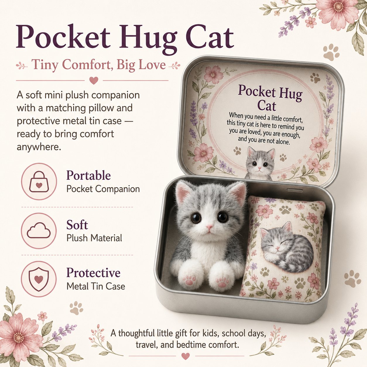 🐱Pocket Hug Plush Keepsake Tin, Mini Portable Comfort Pocket Plush Toy