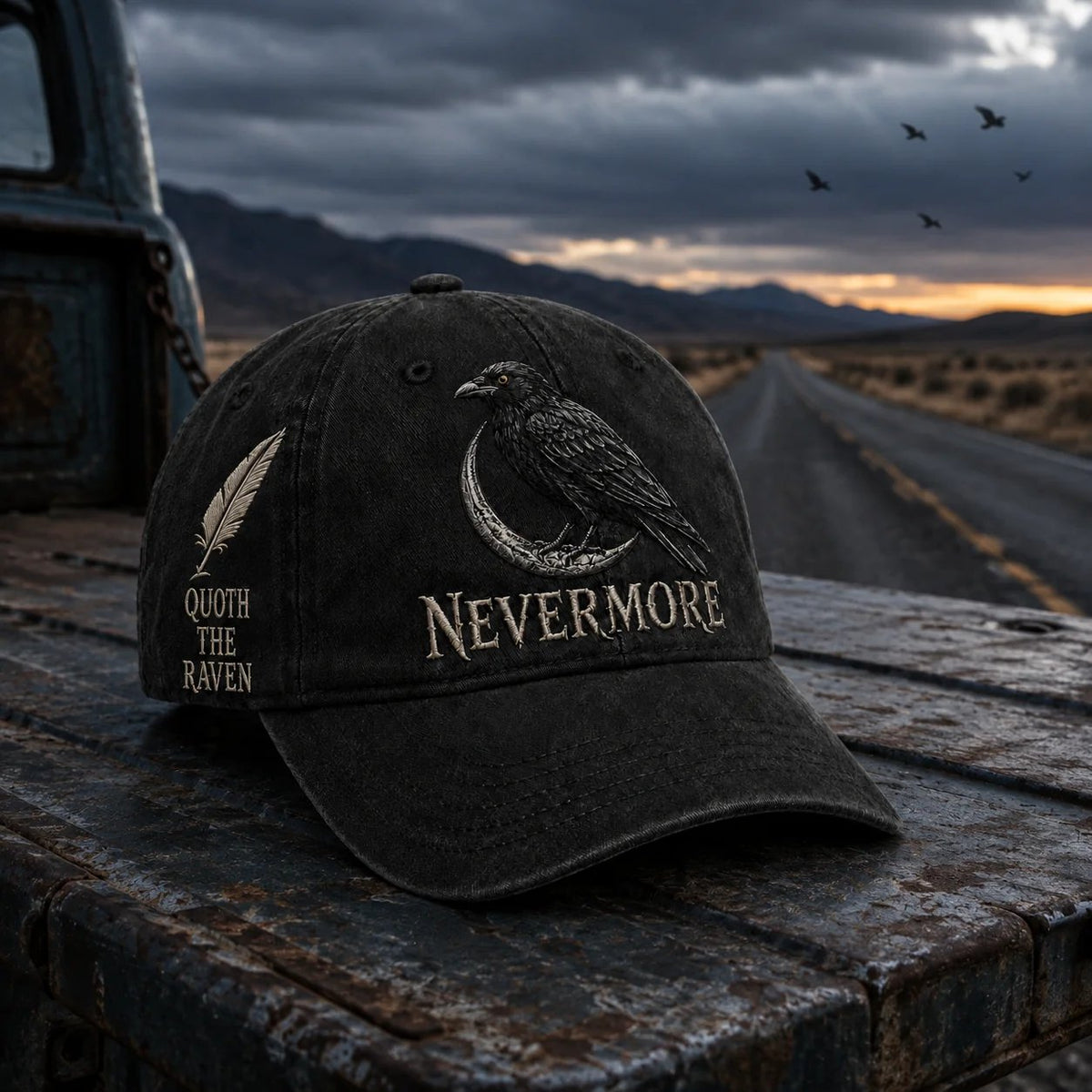 🐦 NEVERMORE Raven Gothic Cap – Premium Embroidered Literary Cap | Full Embroidery • Adjustable Fit • Vintage Black Style 🌙