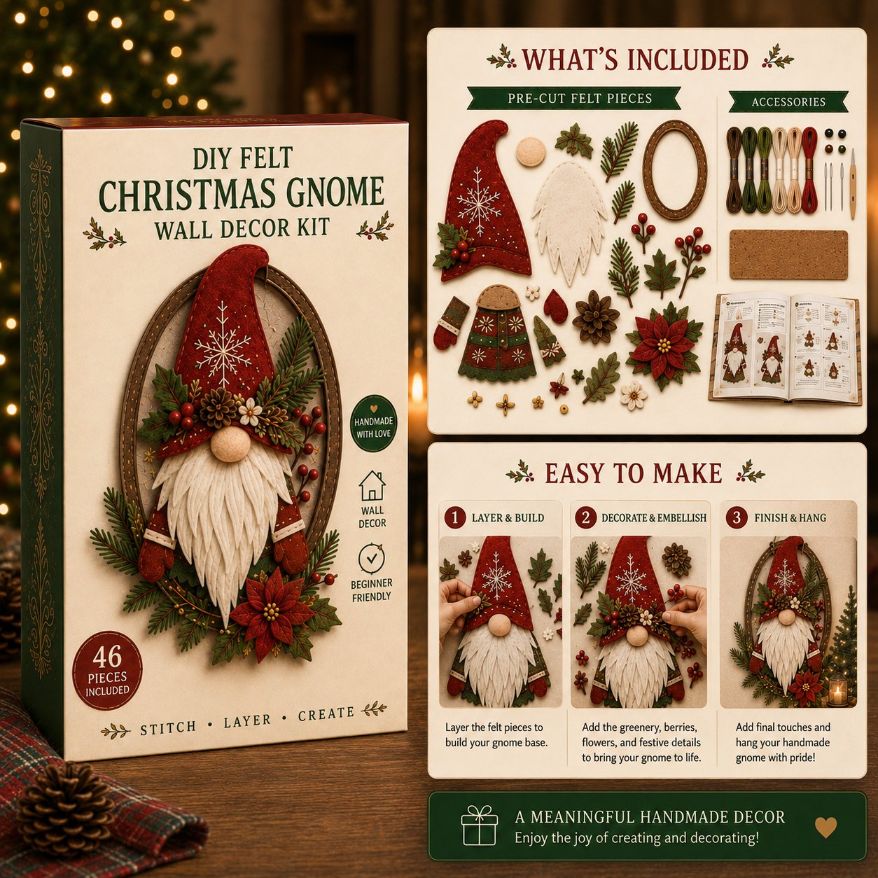 ⏳ Last Day 49% OFF – 🎅 Beginner-Friendly 52-Piece DIY Layered Felt Santa Wall Decor Kit | Complete Kit with All Tools & Step-by-Step Guide Included 💕