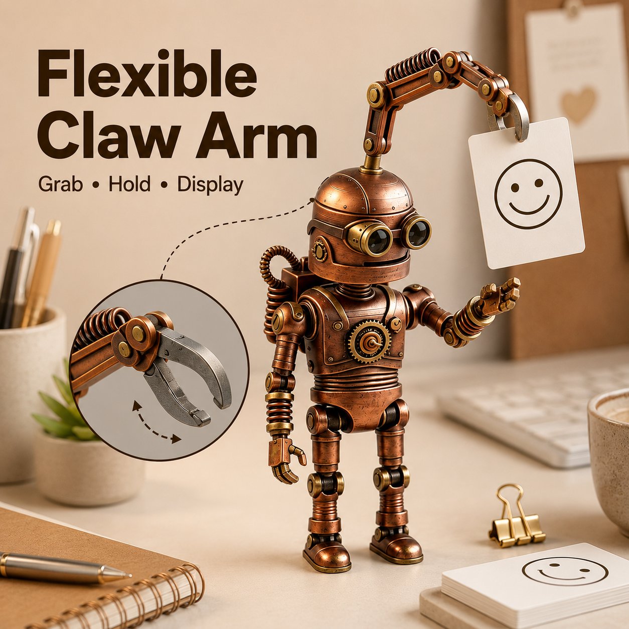 🤖 Steampunk Mood-Bot Desk Robot | Swapable Mood Card Desk Ornament For Office & Study Desktop Decor