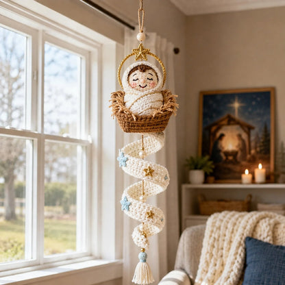 🙏 Handcrafted Crochet Blessed Mother Devotional Spiral Hanging Ornament | Soft Textured Yarn, Plush Filling, Decorative Beads, Golden Cross & Floral Tassel Details 💙✨
