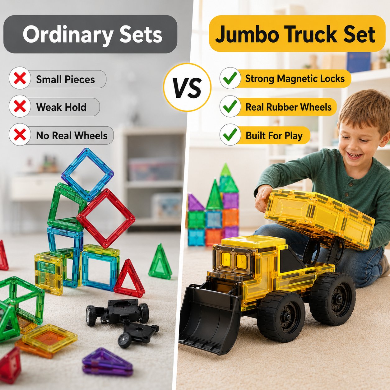 Magnetic Tile Construction Truck Set | Dump Truck & Bulldozer Toy