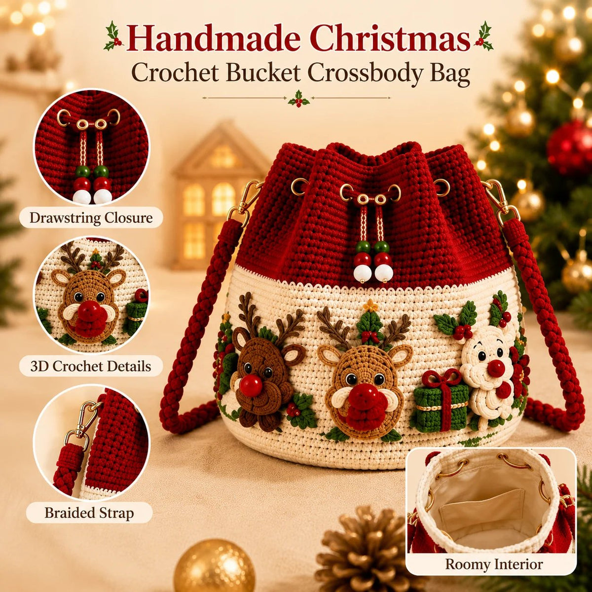 🎄Christmas Crochet Bucket Crossbody Bag 🎅 Festive Holiday Women Handbag Gift