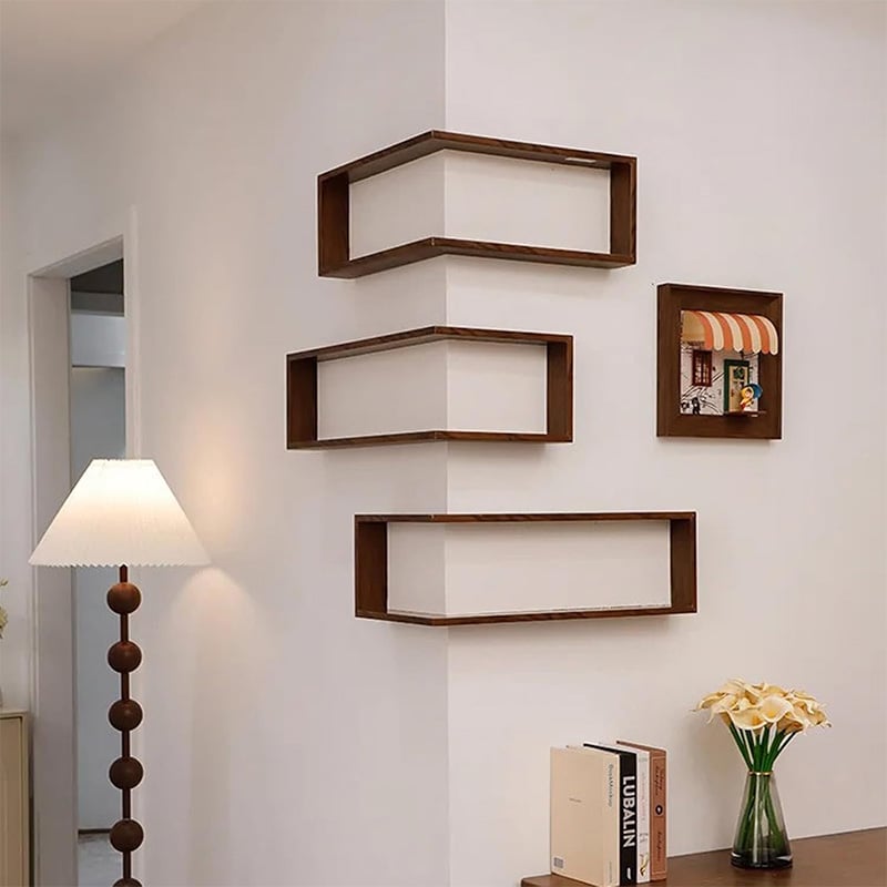 Wooden Corner Wall Shelf with Built-in Lights