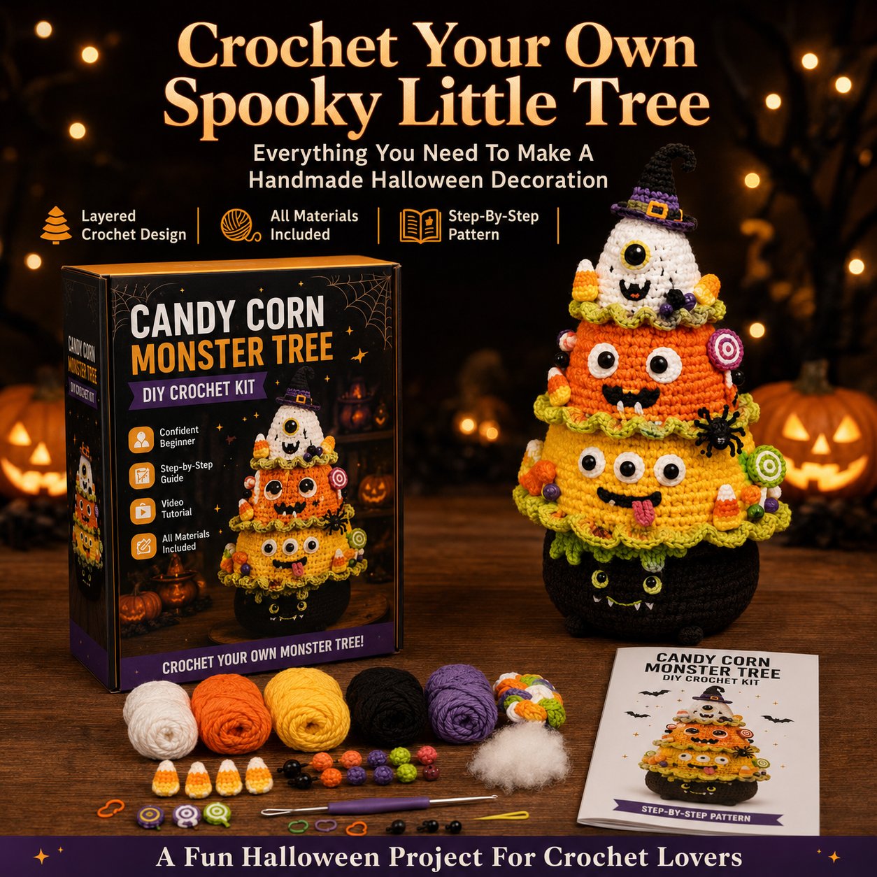 🎃 Halloween Tree DIY Crochet Kit | All-In-One Kit for a Layered 7-Inch Spooky Tabletop Decoration 🧶👻✨