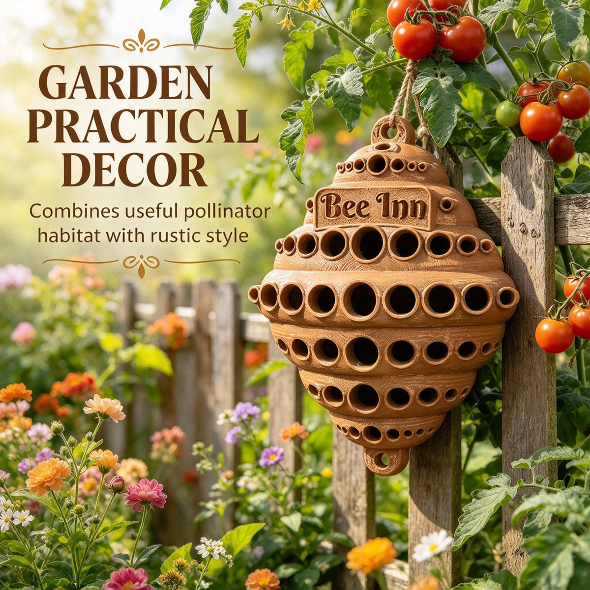 🐝 Bee Inn Hanging Bee Hotel | Rustic Solitary Bee House Pollinator Nesting Shelter for Garden Decor