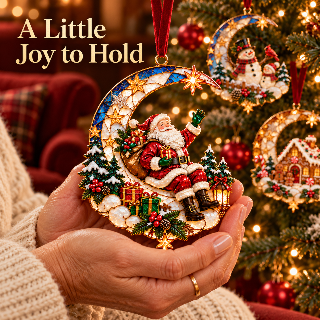 Santa Claus Christmas crescent moon ornament