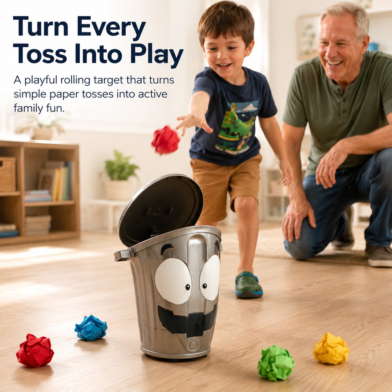 Rolling Cartoon Trash Can Toss Game