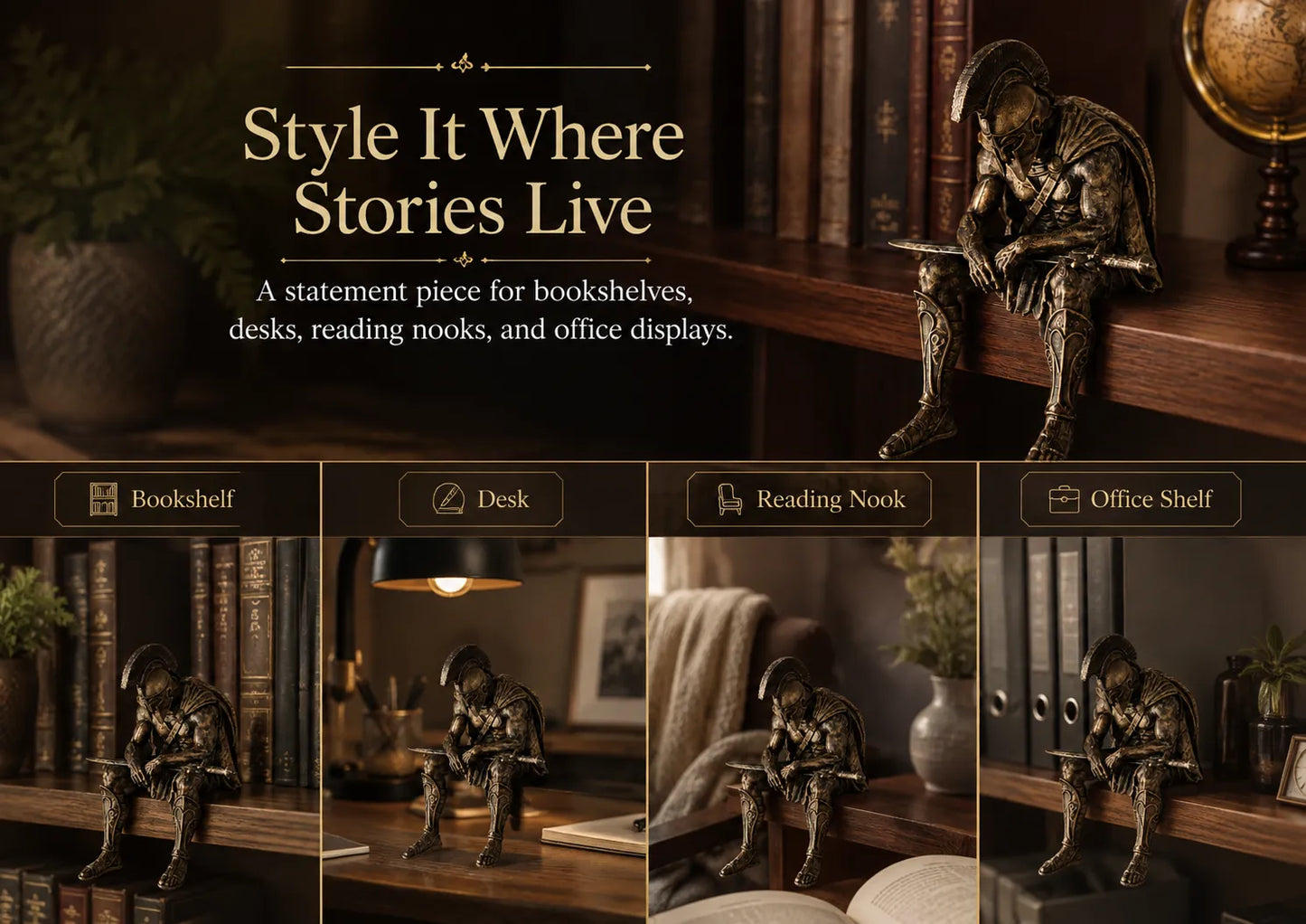 Ancient Greek Warrior Shelf Sitter – Unique Bookshelf Decor