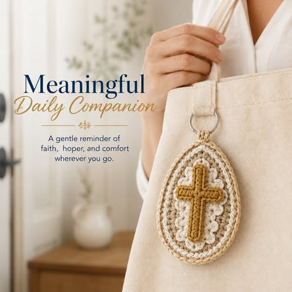 🙏 Handmade Marian Crochet Keychain Keepsake | Soft Blue-and-White Yarn, Raised Oval Crochet Frame & Metal Split Ring 💙✨