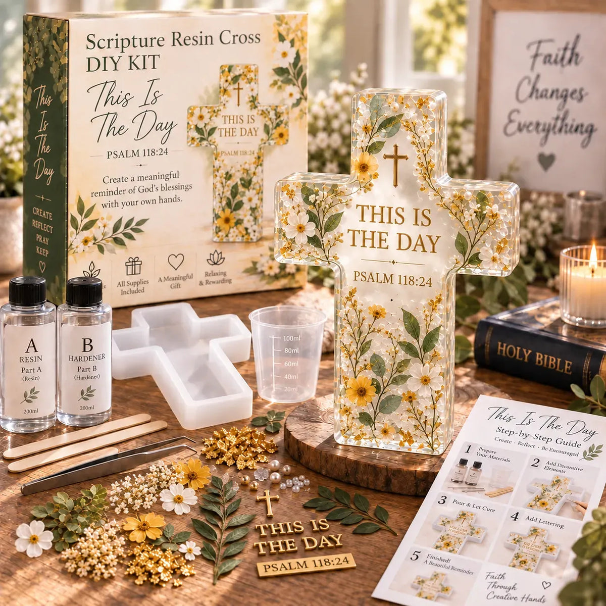 ✝️ Beginner-Friendly Be Still Scripture Resin Cross DIY Kit | Complete Kit with Cross Mold, Two-Part Resin, Florals, Gold Accents, Tools & Step-by-Step Guide Included 💕