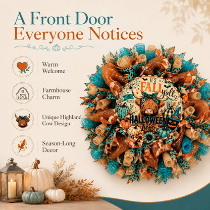 🐮🍂 Highland Cow Fall Halloween Wreath – Cozy Autumn Front Door Decor with Teal & Orange Buffalo Plaid Design for Thanksgiving, Harvest & Spooky Season 🚪🎁