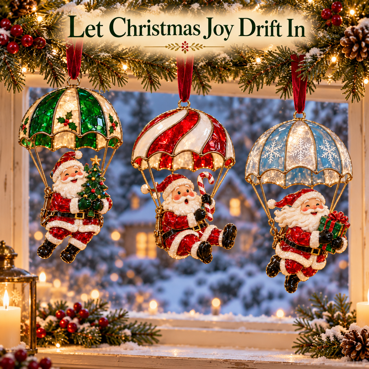 Three colorful Santa parachute ornaments hanging in snowy Christmas window