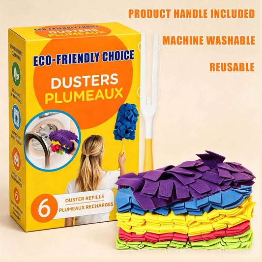 6-Pack Reusable Electrostatic Duster Refills with Handle – 360° Flexible Microfiber Dust Cleaner for Furniture, Ceiling Fans & Blinds