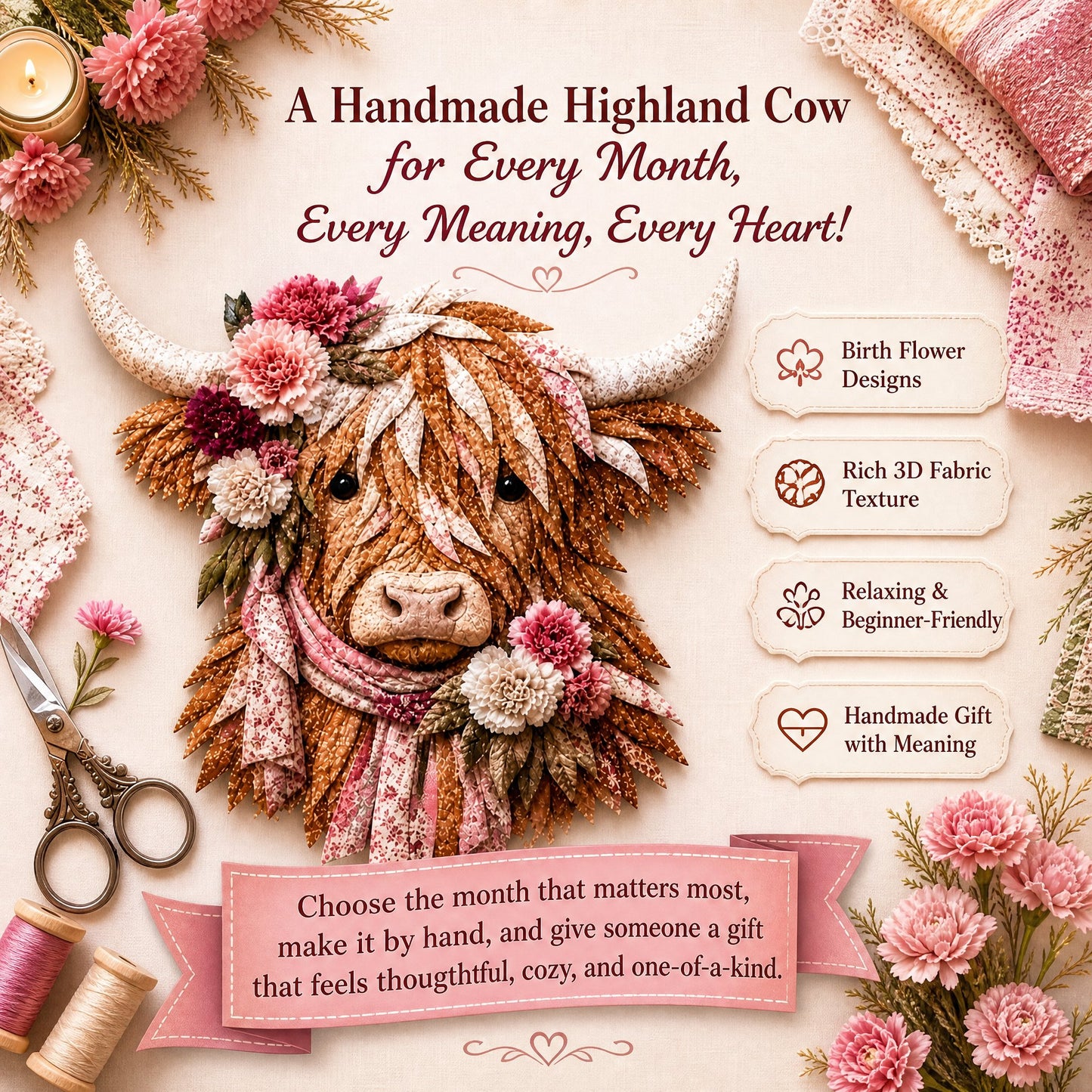 🐮💐🌸 Birth Flower Highland Cow 3D Layered Fabric Art DIY Kit (Beginner-friendly)