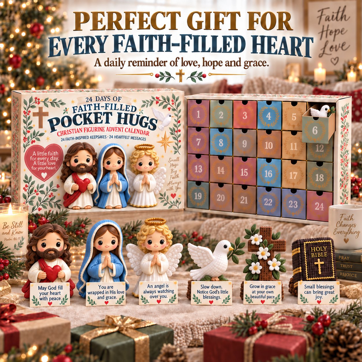 ✝️ 24 Days of Faith-Filled Pocket Hugs™ Advent Calendar | 24 Unique Hand-Painted Christian Keepsakes with Matching Encouragement Cards & No Repeated Designs 🎁
