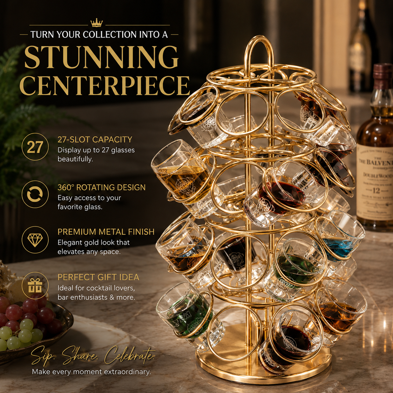🍸 27-Slot Rotating Shot Glass Holder | Luxury Home Bar Display Rack & Cocktail Decor