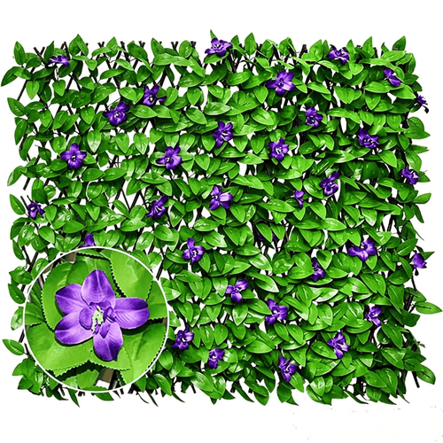 📍Extendable Simulation Rattan Fence with White Flowers Decorating Green Leaves, Stretchable Folding Design, Privacy Shielding Courtyard Balcony Walls, Artificial Green Plants