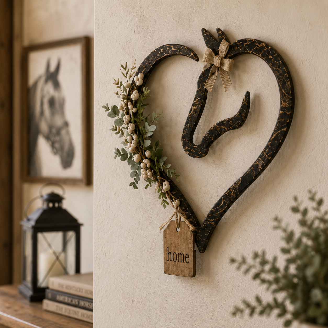 Rustic Horse Heart Wall Decor with Greenery – Farmhouse Equestrian Home Accent