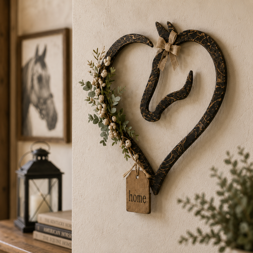 Rustic Horse Heart Wall Decor with Greenery – Farmhouse Equestrian Home Accent