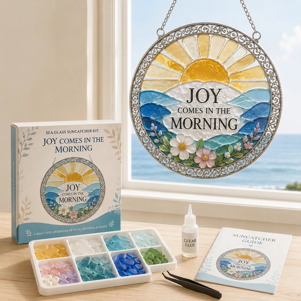 ✝️ Beginner-Friendly DIY Scripture Sea Glass Suncatcher Kit Collection | Complete Kit with Frosted Sea Glass Pieces, Clear Adhesive & Step-by-Step Guide Included 💕