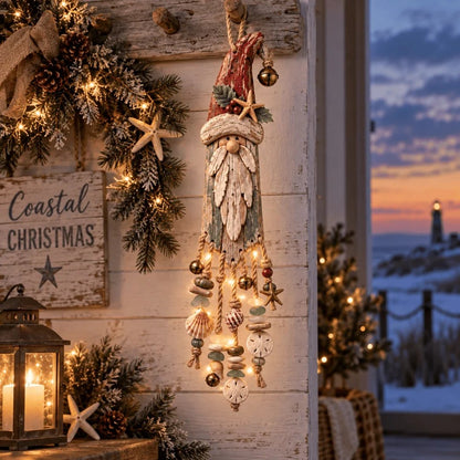 🔔🎄Vintage Coastal Santa Lighted Wall Decor – Beach House Christmas Hanging with Starfish, Shells & Warm Glow🌙