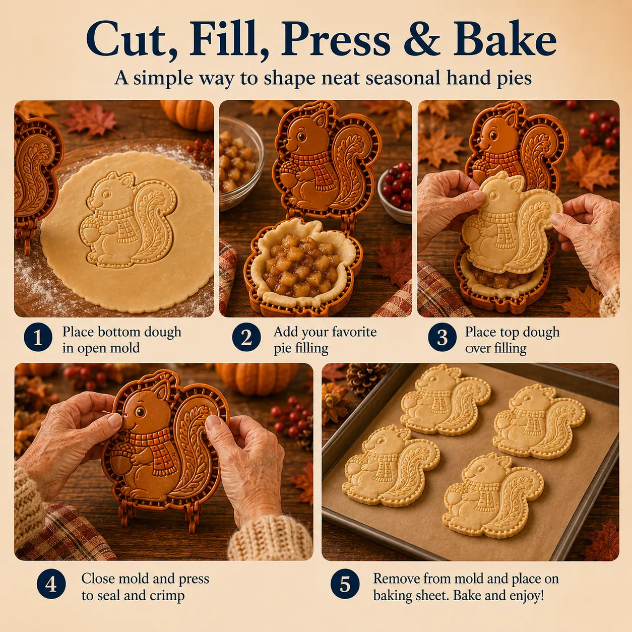 ⏳ Last Day 49% OFF – 🍂 8-Design Fall Mini Pie Mold Collection | Reusable Embossed Molds for Shaping Detailed Owl, Fox, Turkey, Pumpkin, Acorn & More 🥧✨