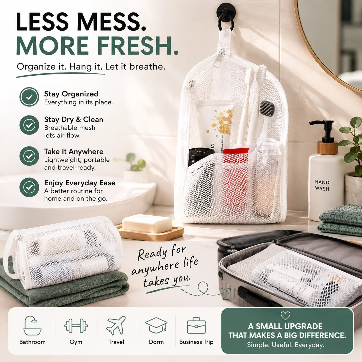 🧼 2-Pack Portable Quick-Dry Mesh Toiletry Bags – Hanging Travel Organizers with Toothbrush Slots