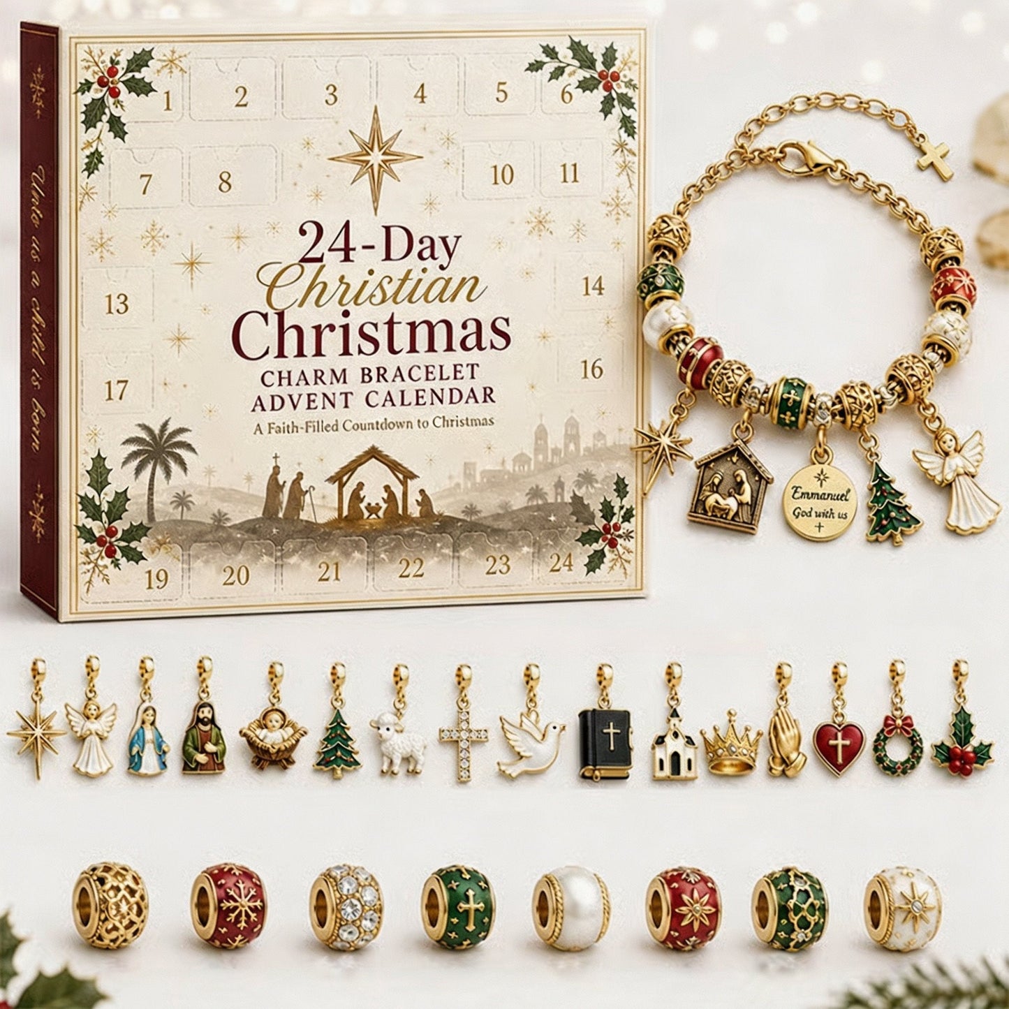 🎅 2026 Christmas Gift 50% Off--🎄24-Day Christian Christmas Charm Bracelet Advent Calendar