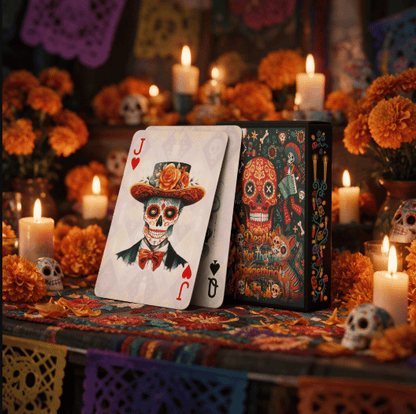 💀 Día de los Muertos Playing Cards – 54 Unique Skull Art Designs, Premium Blue Core Poker Deck