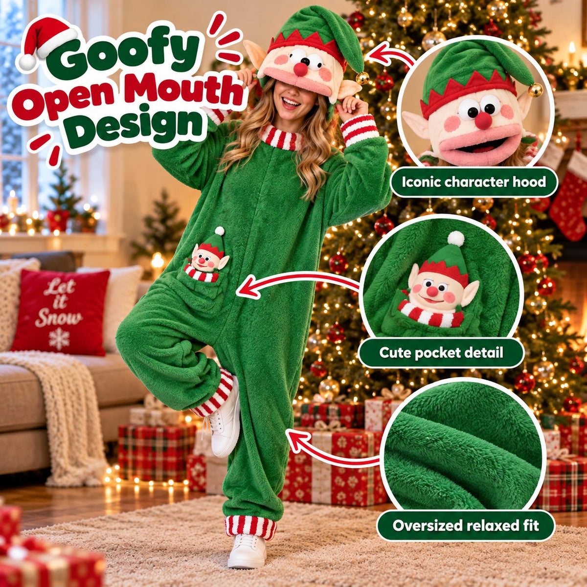 Goofy Mouth Christmas Plush Onesie | Soft Fluffy Family Holiday Costume